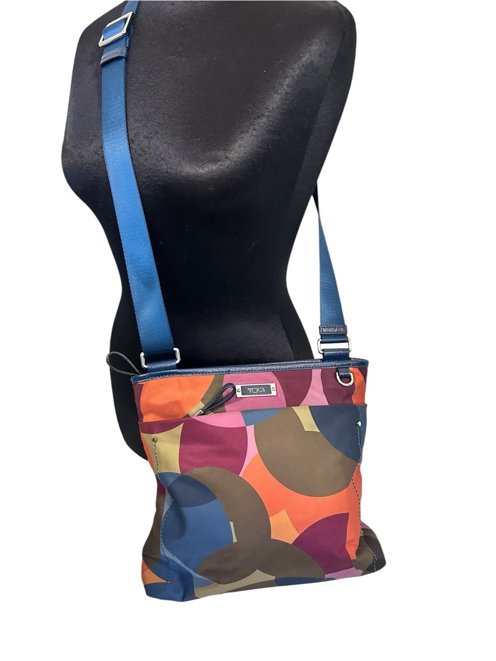 Tumi Crossbody Shoulder Bag Bright Multi Color Geometric fabric blue brown red